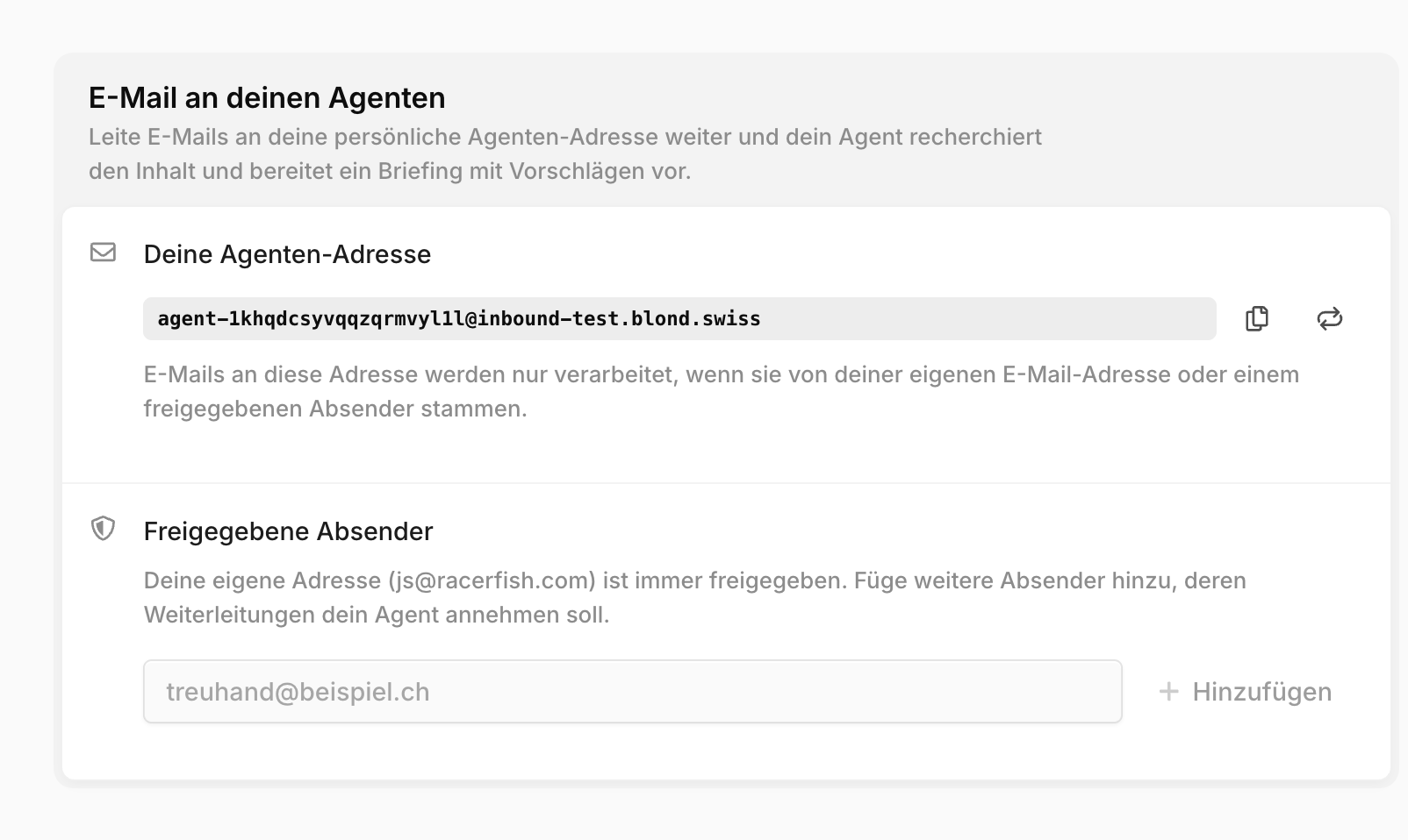 Abschnitt "E-Mail an deinen Agenten" mit der Agenten-Adresse und den freigegebenen Absendern