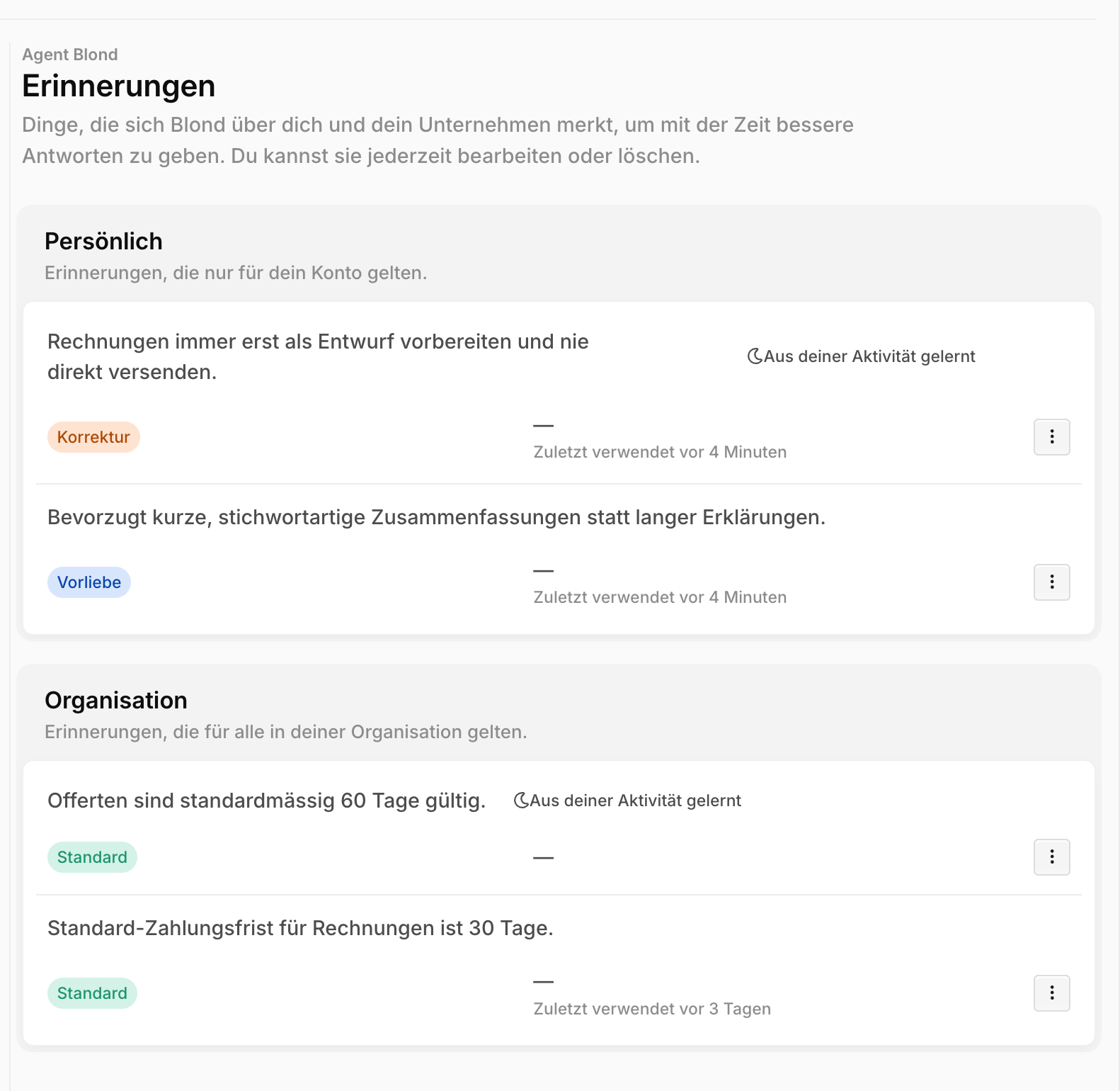 Erinnerungen-Seite mit den Bereichen "Persönlich" und "Organisation" sowie dem Hinweis "Aus deiner Aktivität gelernt"