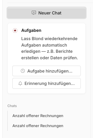 Aufgaben-Übersicht im linken Bereich des Chats mit den Schaltflächen "Aufgabe hinzufügen…" und "Erinnerung hinzufügen…"
