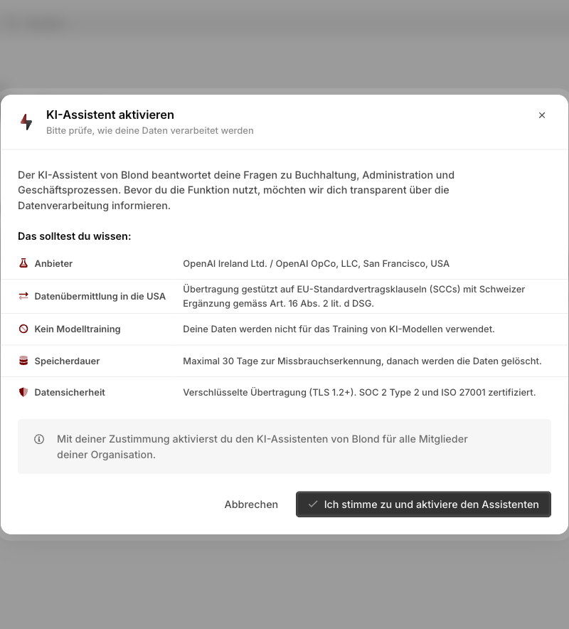 Dialog "KI-Assistent aktivieren" mit Hinweisen zu Anbieter, Datenübermittlung, Speicherdauer und Sicherheit