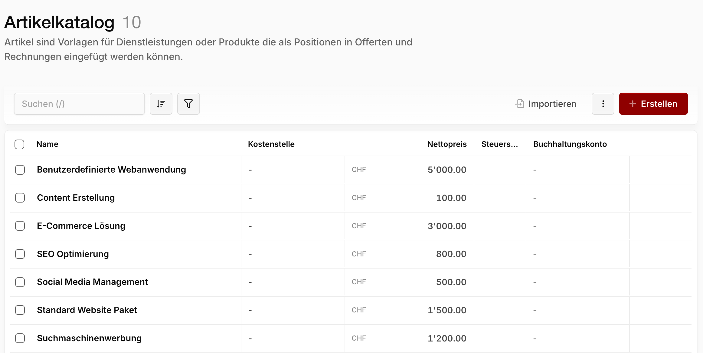 Artikelkatalog mit einer Liste erfasster Produkte und Dienstleistungen