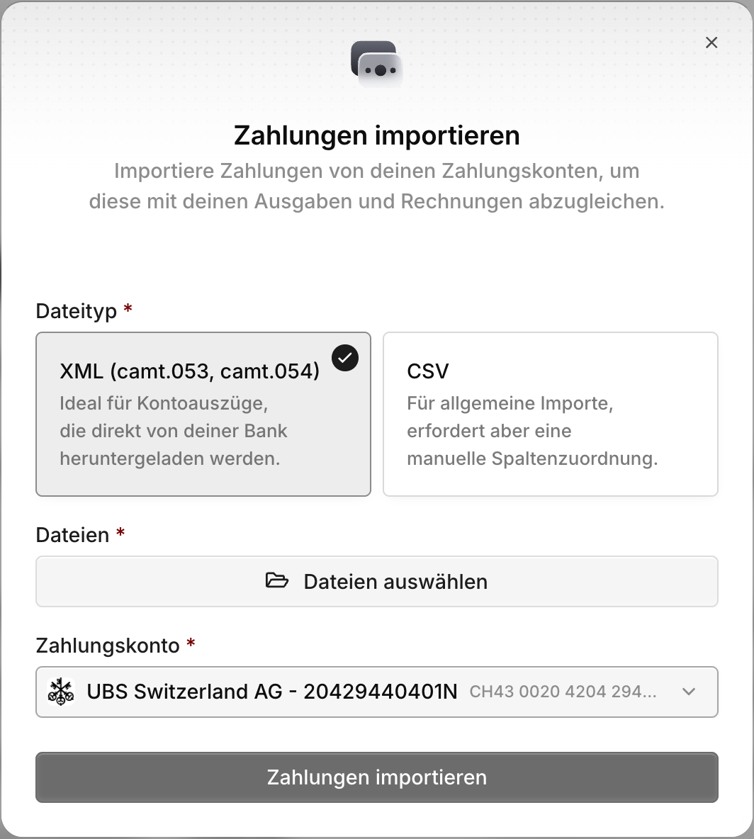 Import-Dialog mit der Wahl zwischen XML- und CSV-Datei und dem Zielkonto