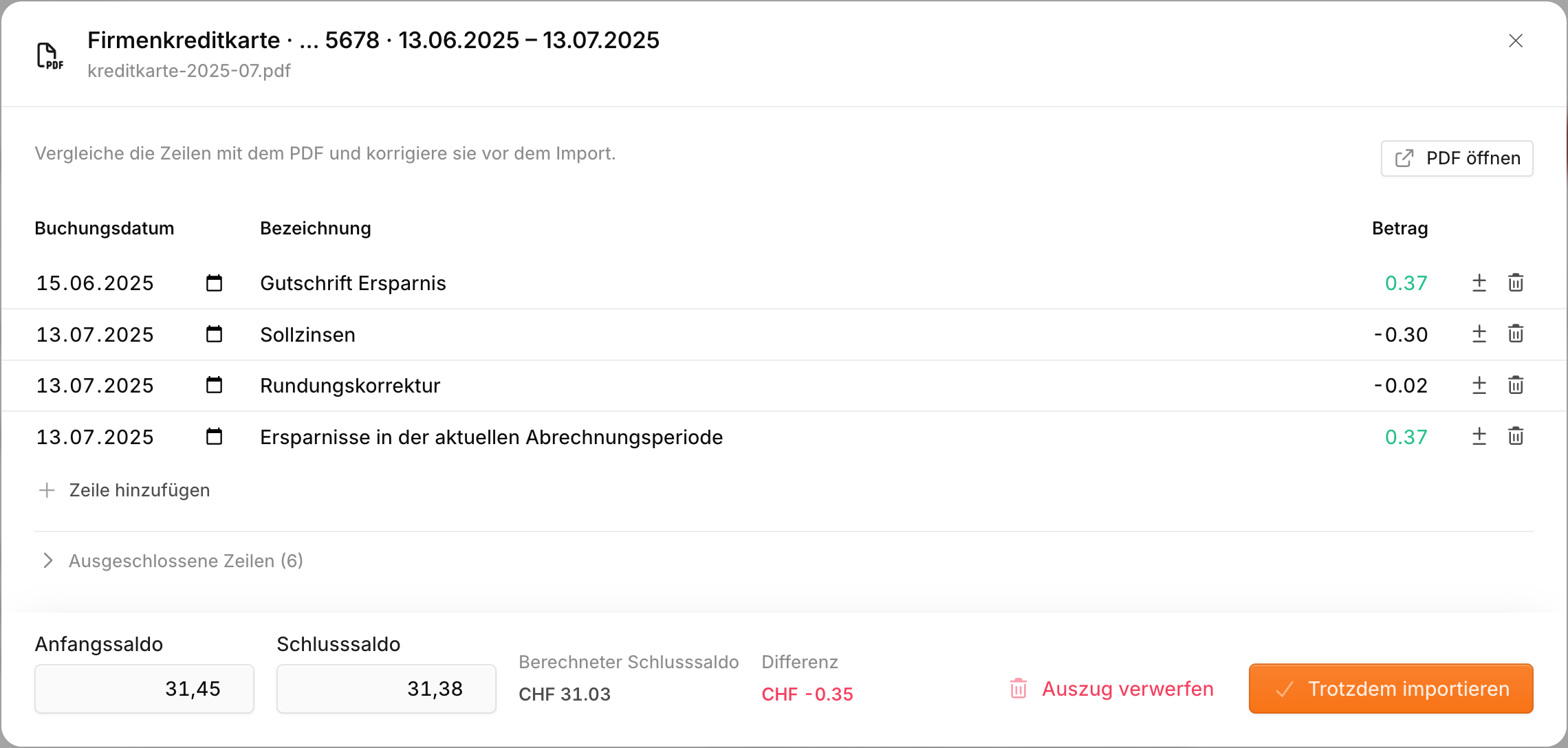 Prüfung eines PDF-Kontoauszugs mit den ausgelesenen Zeilen, Anfangs- und Schlusssaldo und der Differenz