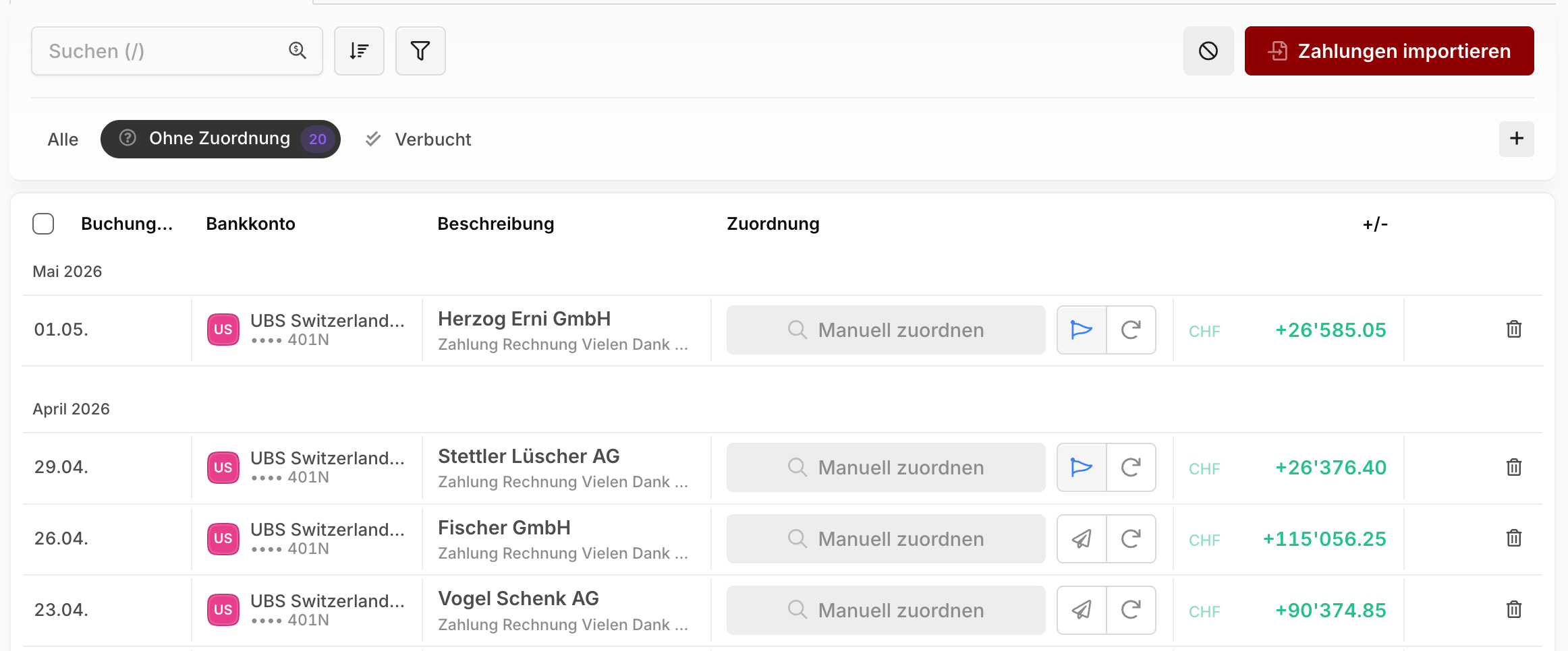 Zahlungsliste mit offenen Transaktionen im Tab «Ohne Zuordnung»