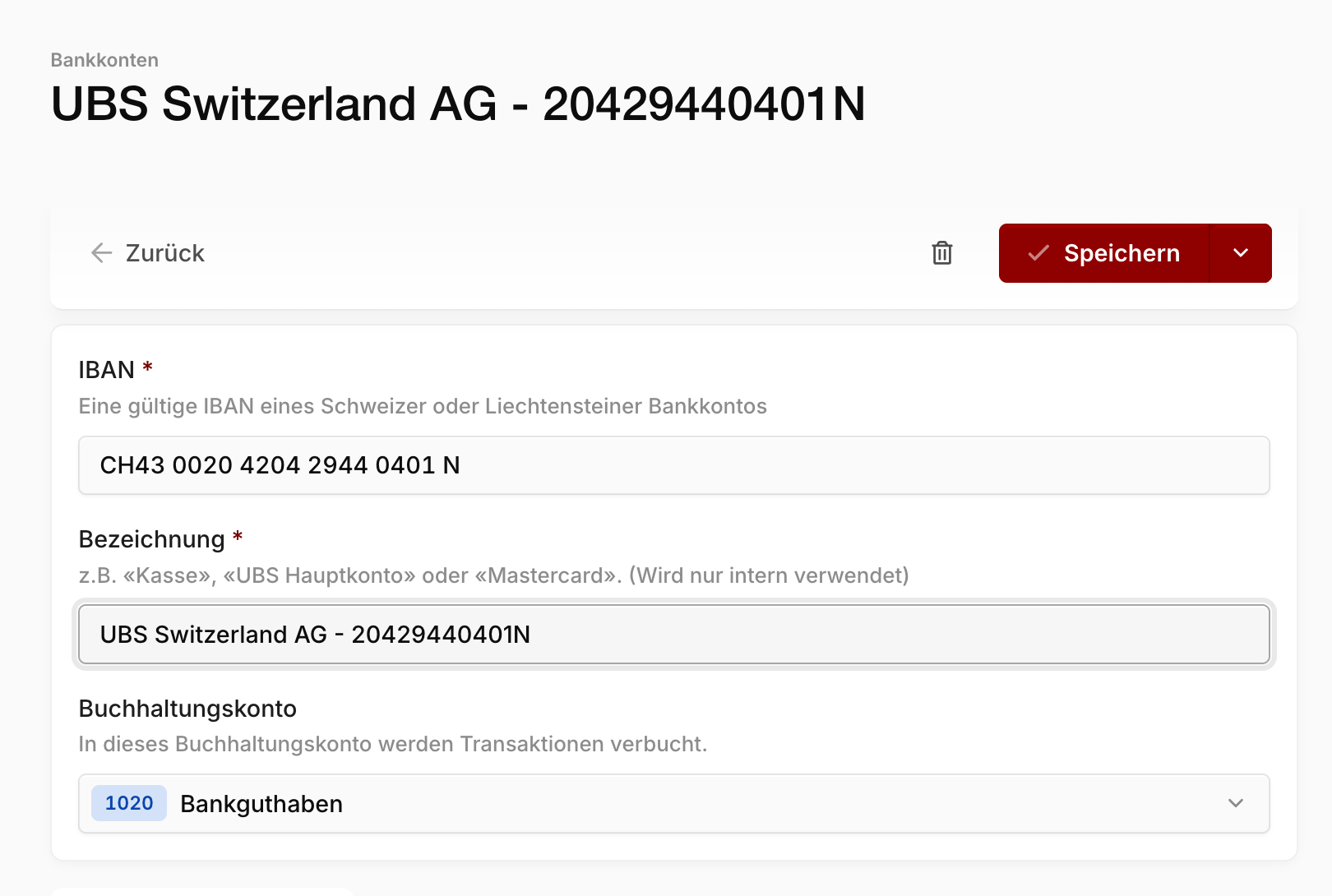 Bearbeitungsansicht eines Bankkontos mit dem Auswahlfeld für das Buchhaltungskonto