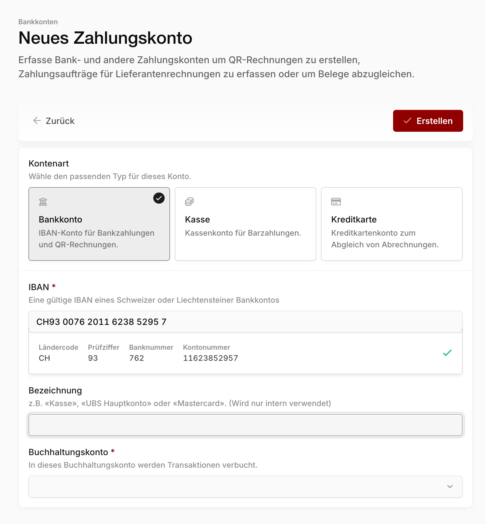 Formular "Neues Zahlungskonto" mit der Auswahl der Kontoart und dem IBAN-Feld