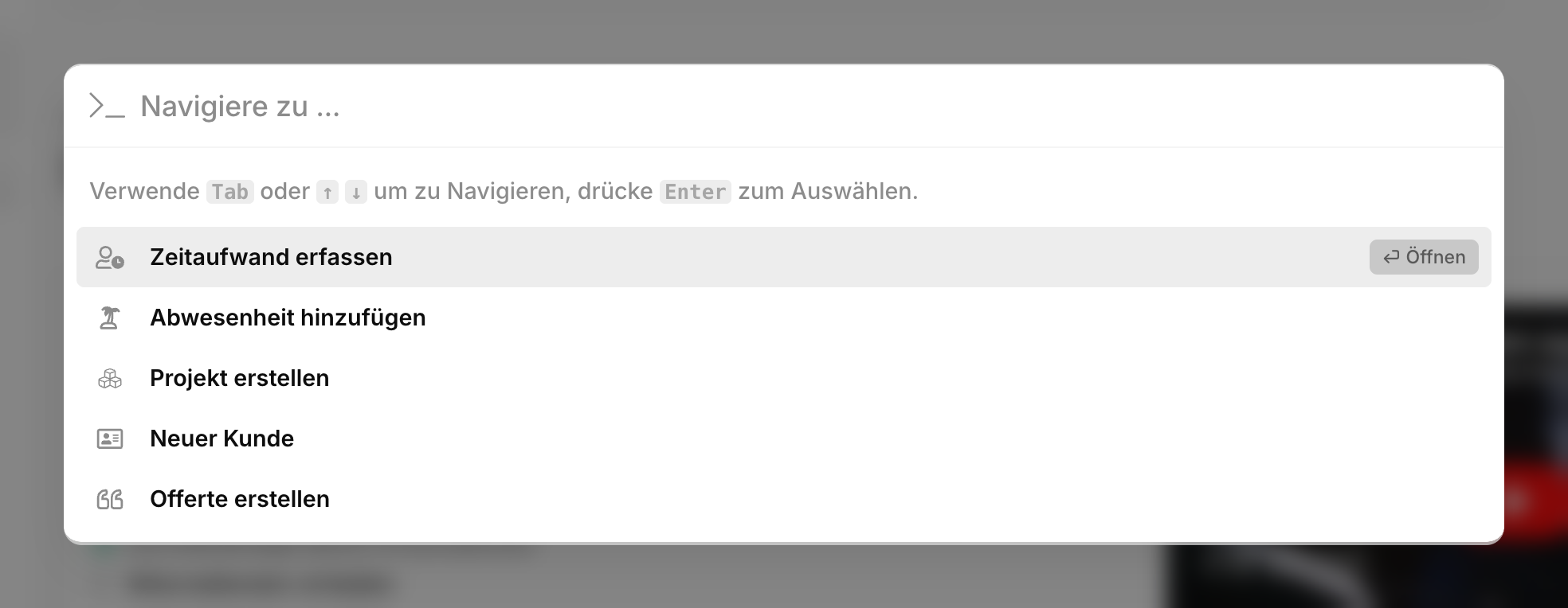 Geöffnete Befehlspalette mit Suchfeld und den ersten fünf Befehlen