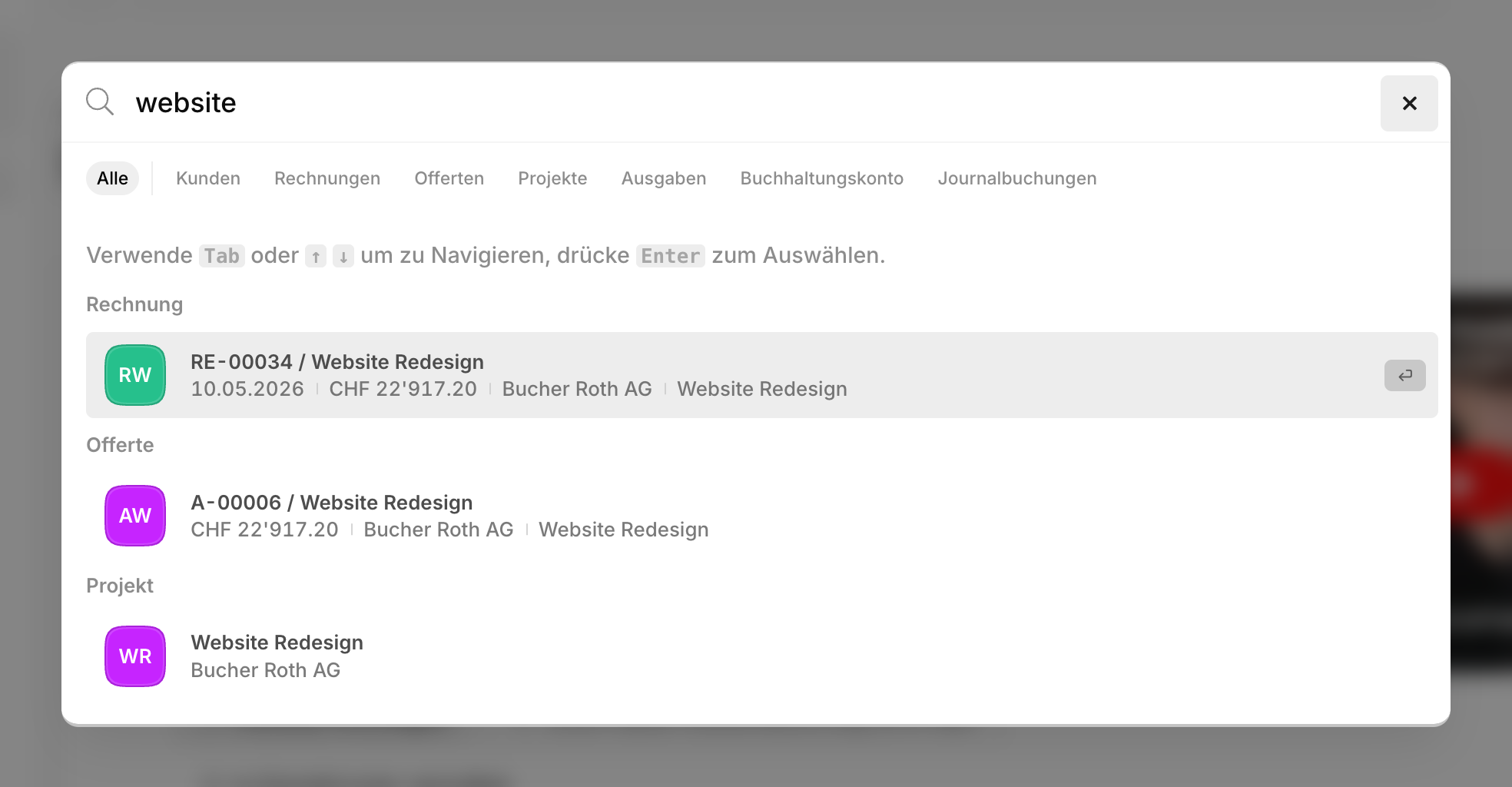 Globale Suche mit Filter-Pillen und Resultaten gruppiert nach Rechnung, Offerte und Projekt