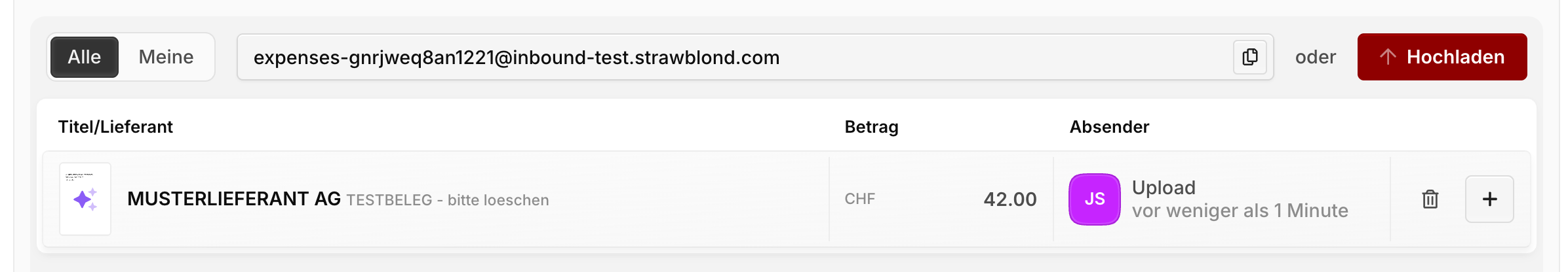 Die Beleg-Inbox mit dem Filter "Alle/Meine", der persönlichen Inbox-Adresse samt Kopier-Schaltfläche, dem Knopf "Hochladen" und einem von AutoScan erkannten Beleg