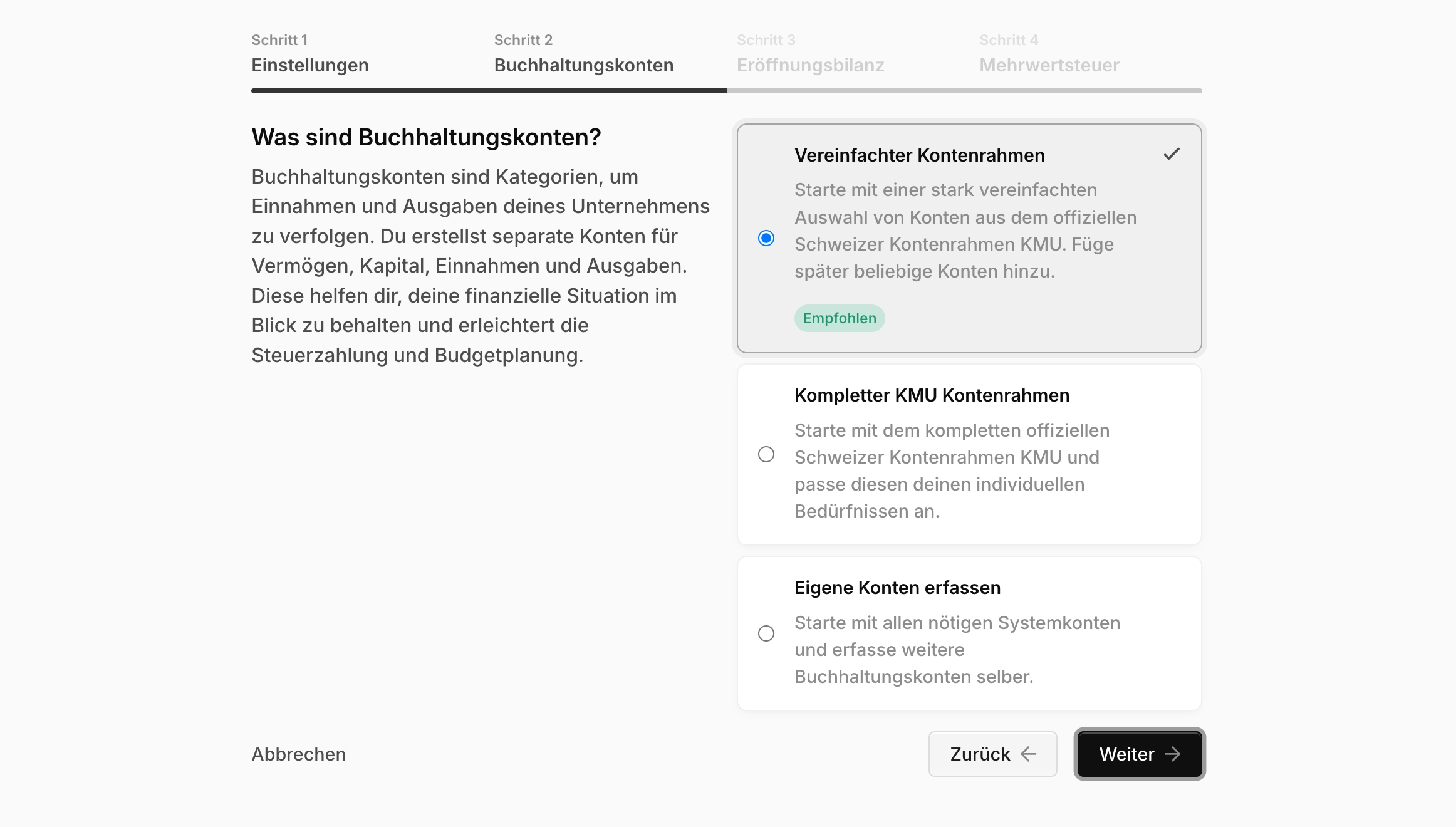 Einrichtungsassistent mit der Auswahl des Kontenrahmens