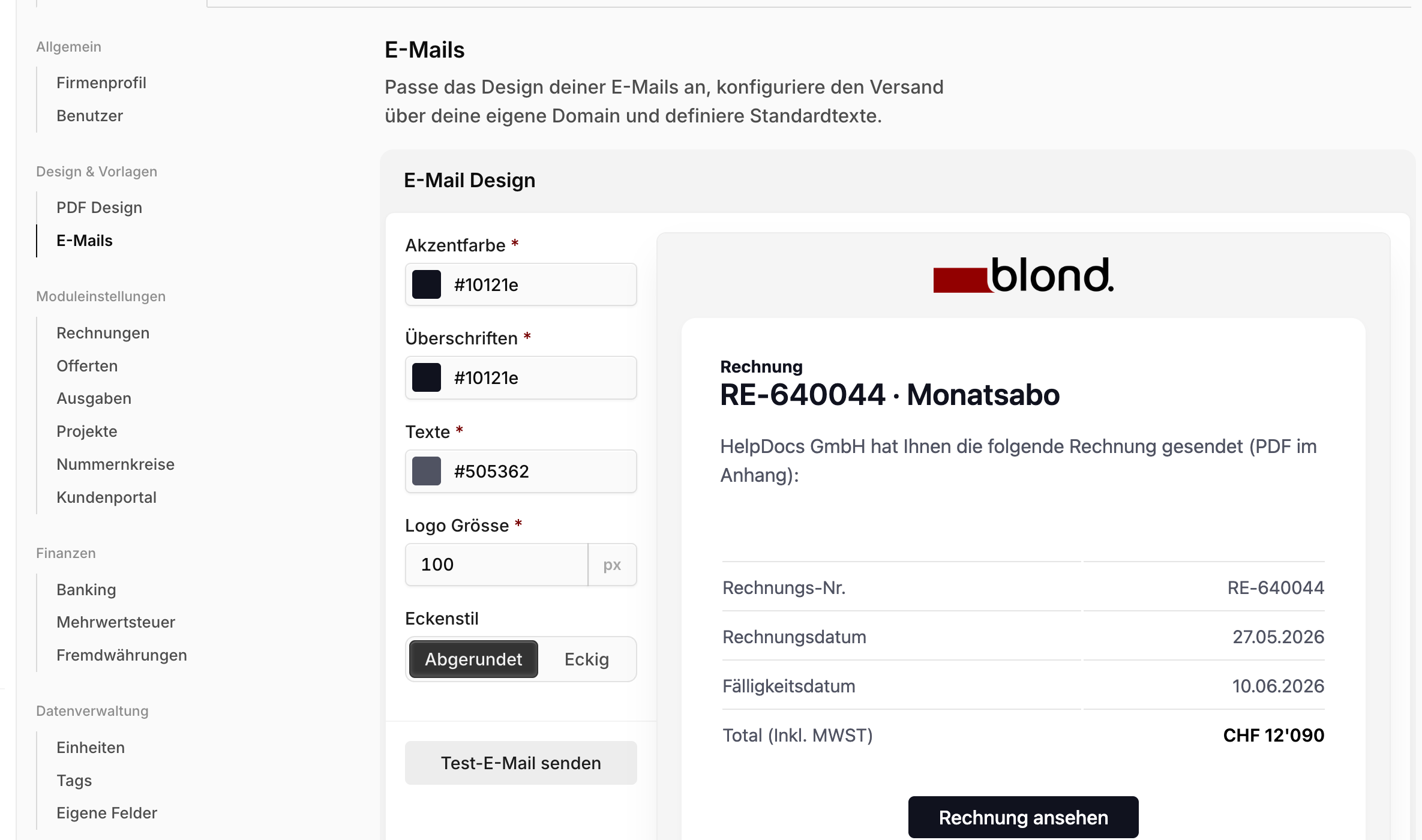 E-Mail-Einstellungen mit Farben und Logo-Grösse links sowie einer Live-Vorschau einer Beispiel-E-Mail rechts