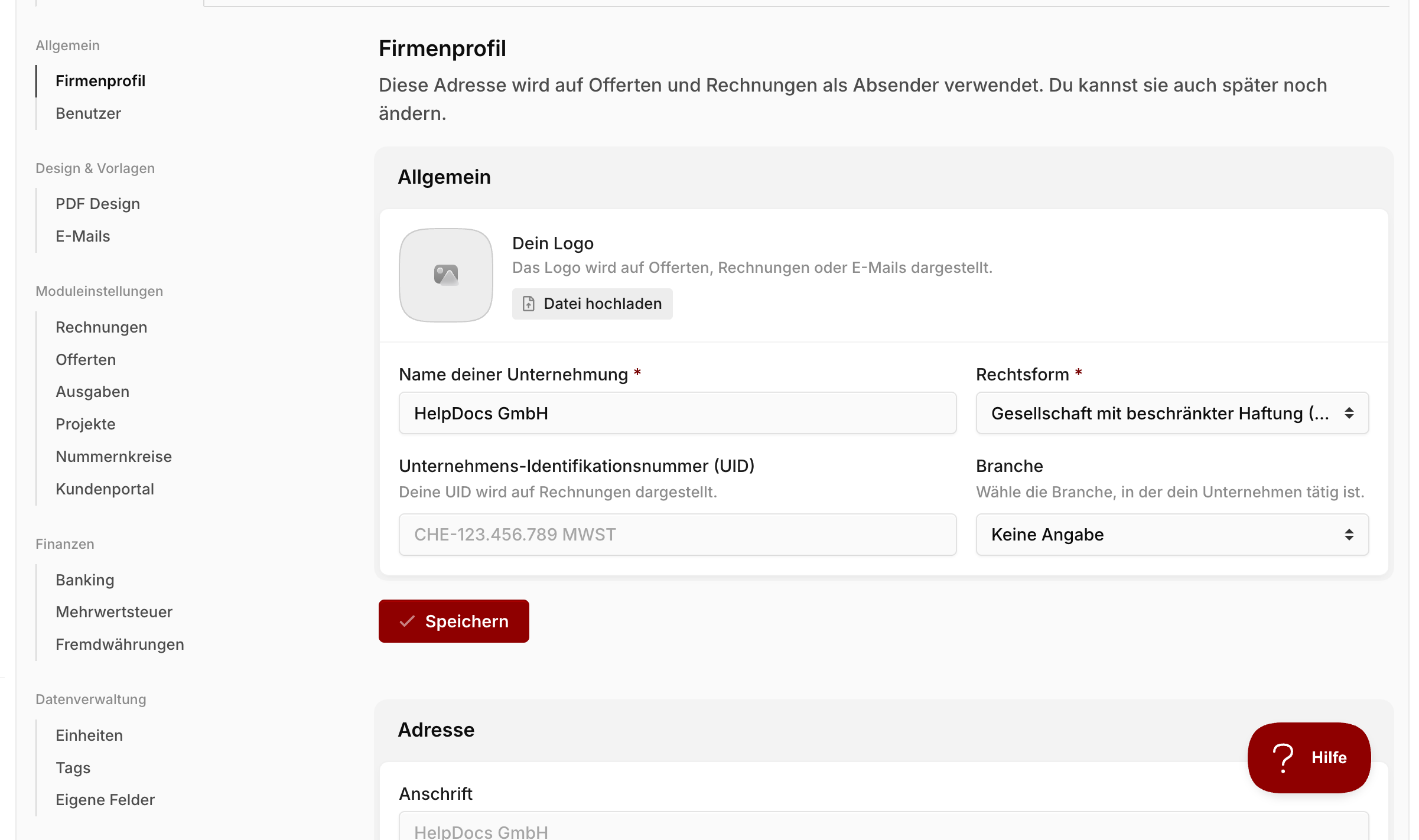 Seitenleiste der Einstellungen mit ausgewähltem Eintrag "Firmenprofil" und geöffnetem Bereich "Allgemein"