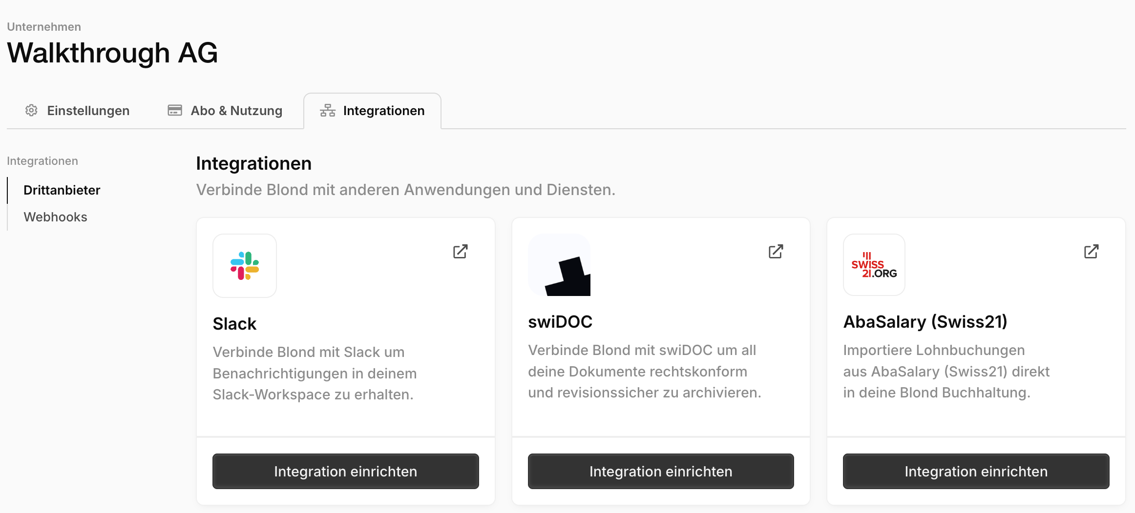 Integrationsseite mit der swiDOC-Karte
