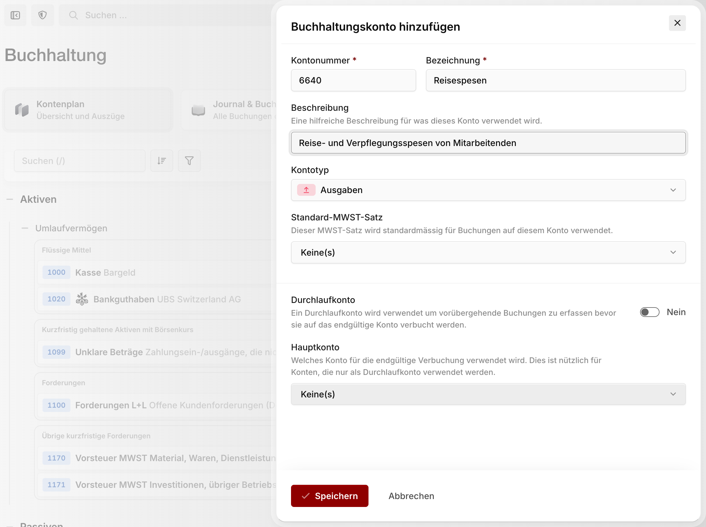 Kontenplan mit gruppierten Konten und dem Formular zum Erstellen eines Kontos
