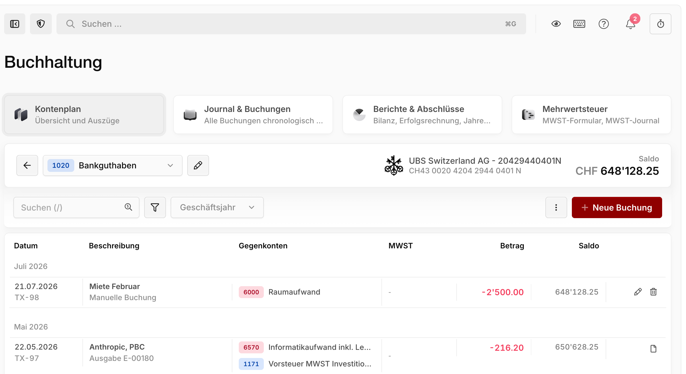 Kontoauszug mit Konto-Dropdown, Filtern und Buchungsliste