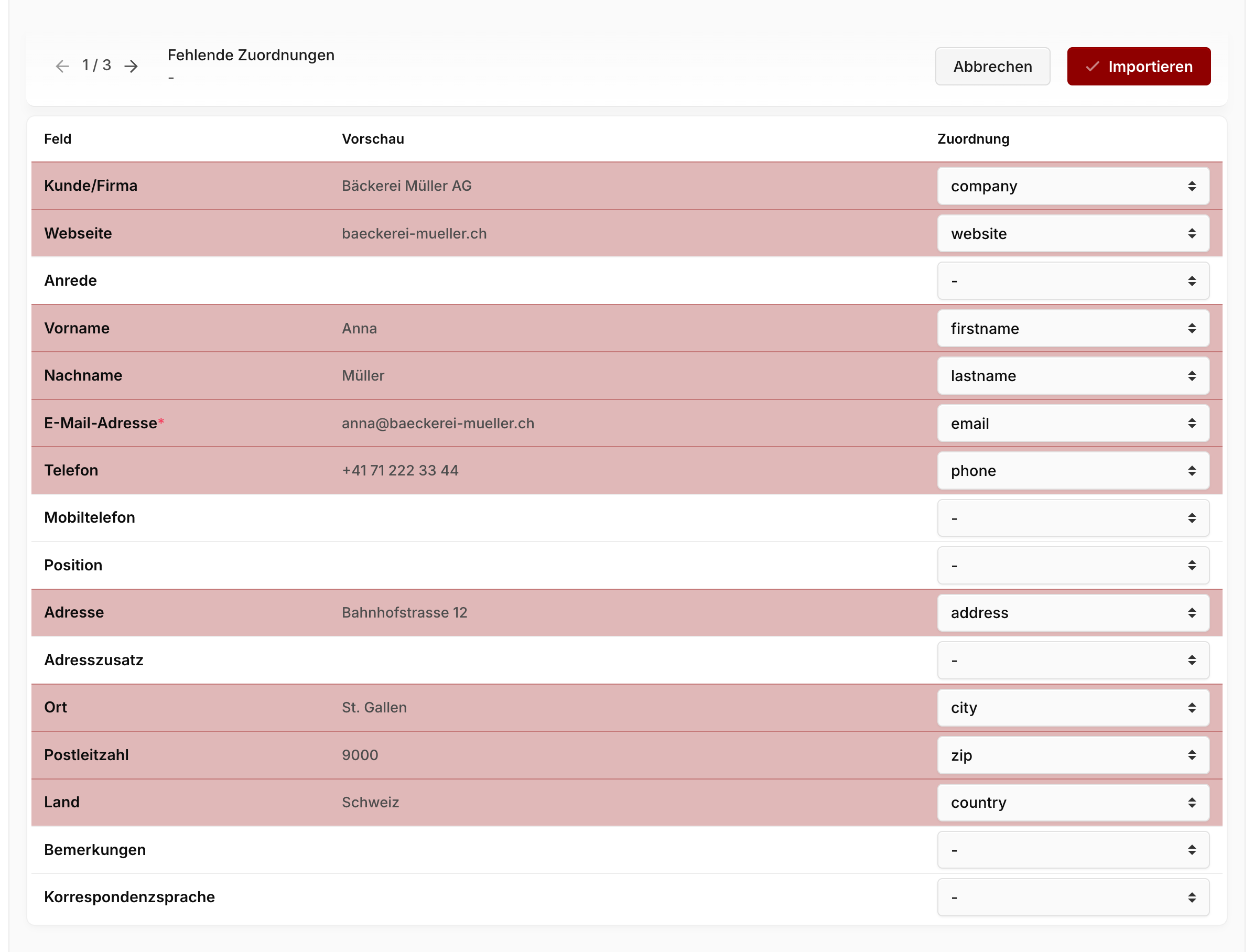 Zuordnungs-Tabelle mit Vorschau der ersten Zeile und automatisch gemappten Spalten