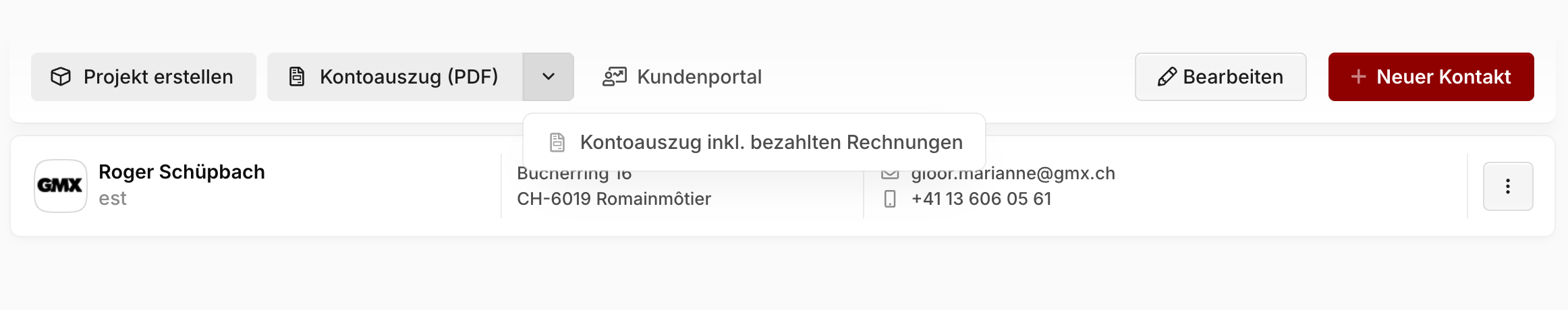 Button "Kontoauszug (PDF)" auf der Kunden-Detailseite mit Dropdown-Option