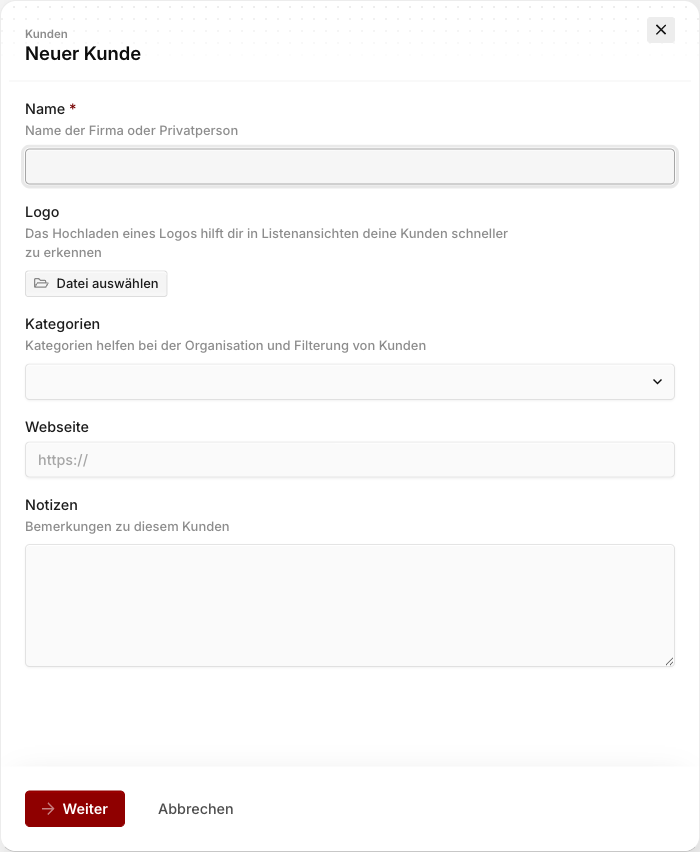 Modal "Neuer Kunde" mit den Feldern Name, Logo, Kategorien, Webseite und Notizen