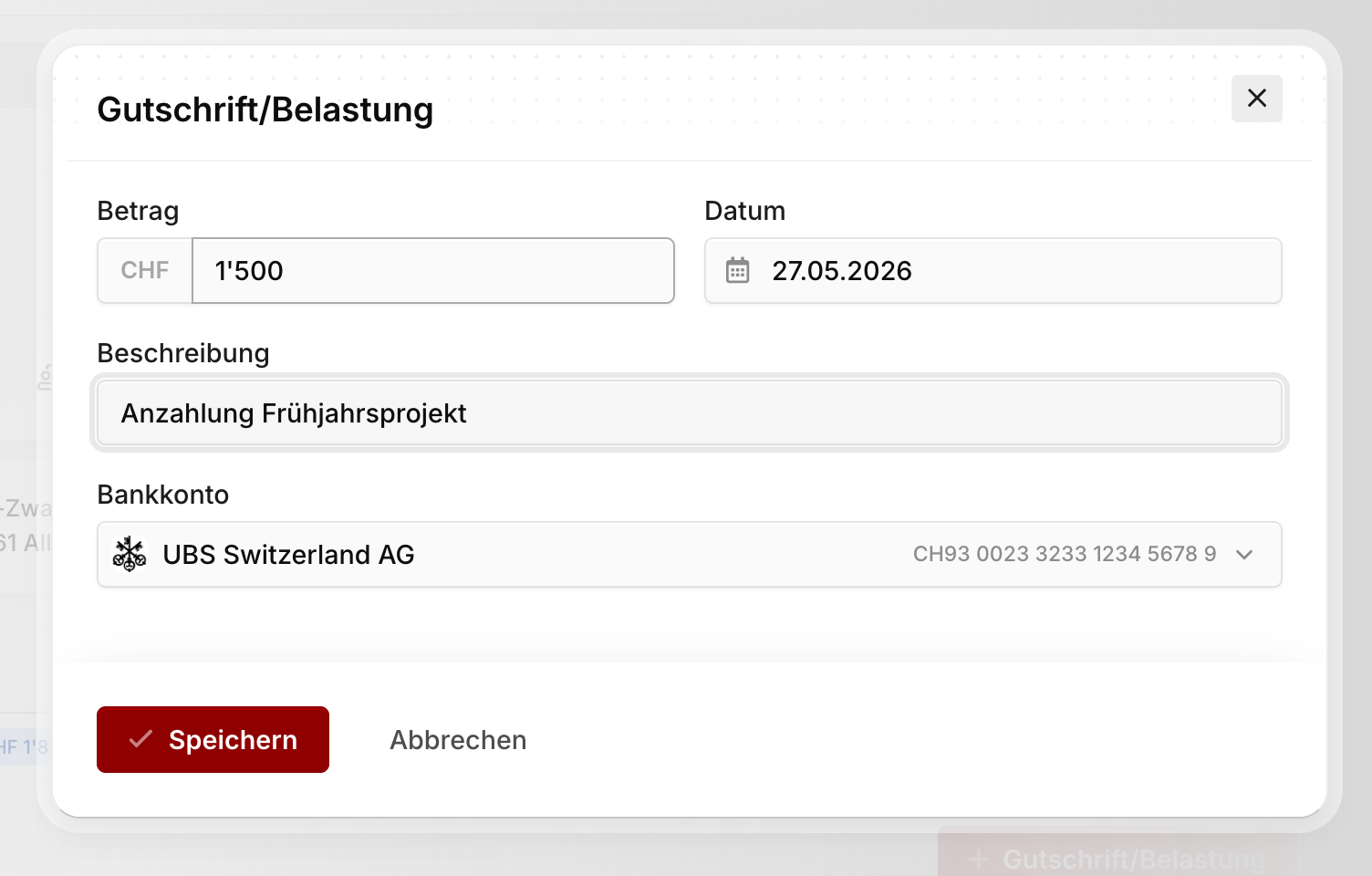 Formular "Gutschrift/Belastung" mit den Feldern Betrag, Datum, Beschreibung und Bankkonto