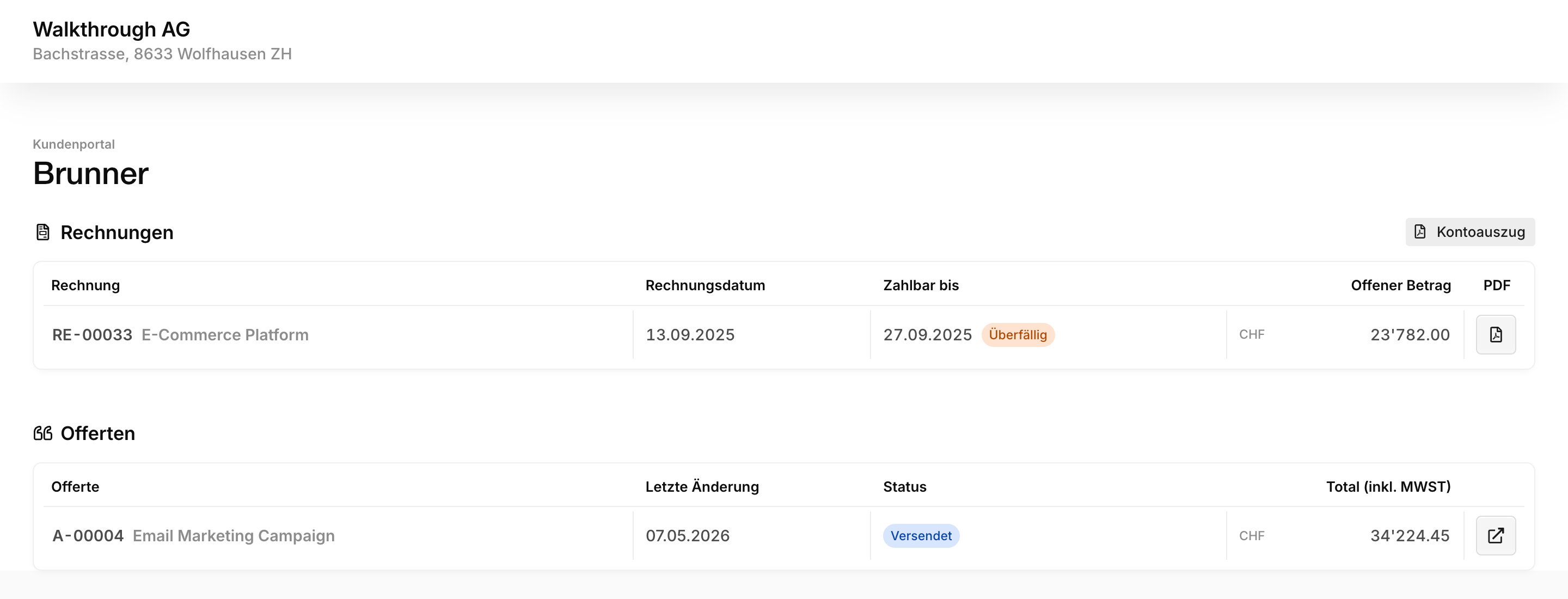 Kundenportal aus Sicht des Kunden mit offenen Rechnungen und Offerten