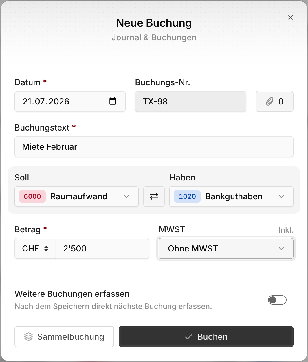 Buchungsmaske für eine einfache Buchung mit Soll, Haben, Betrag und MWST