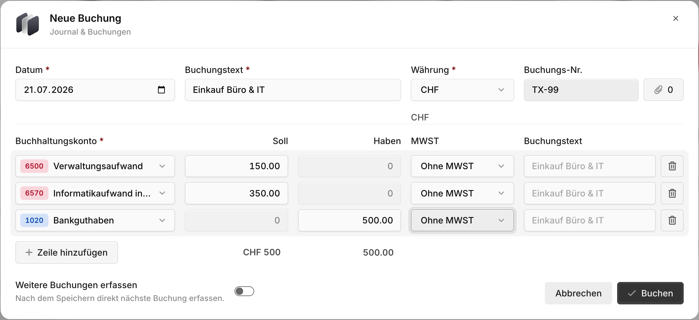 Buchungsmaske für Sammelbuchungen mit mehreren Buchungszeilen