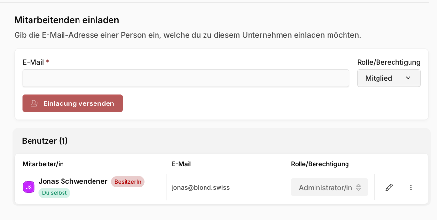 Einladungsformular und Liste der Mitarbeitenden in den Benutzer-Einstellungen