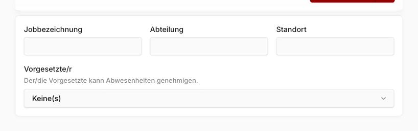 Personaldaten-Formular mit Feldern für Jobbezeichnung, Abteilung, Standort und Vorgesetzte/r