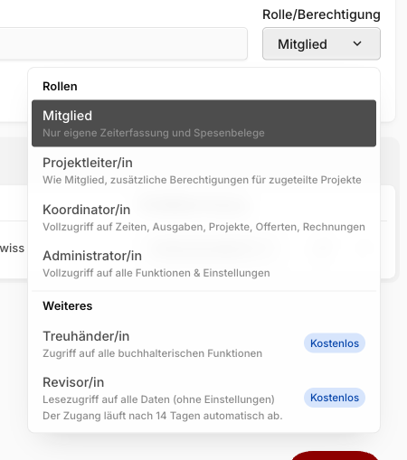 Rollen-Auswahl mit Kurzbeschreibung jeder Rolle