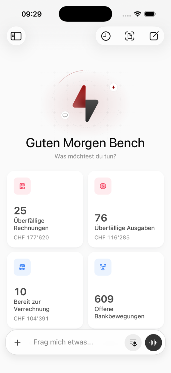 Der Startbildschirm der App mit Begrüssung, Kennzahlen-Karten und dem Eingabefeld für Agent Blond