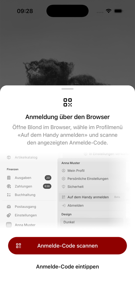 Das Blatt "Anmeldung über den Browser" mit der Vorschau des Profilmenüs im Browser und den Knöpfen zum Scannen oder Eintippen des Anmelde-Codes