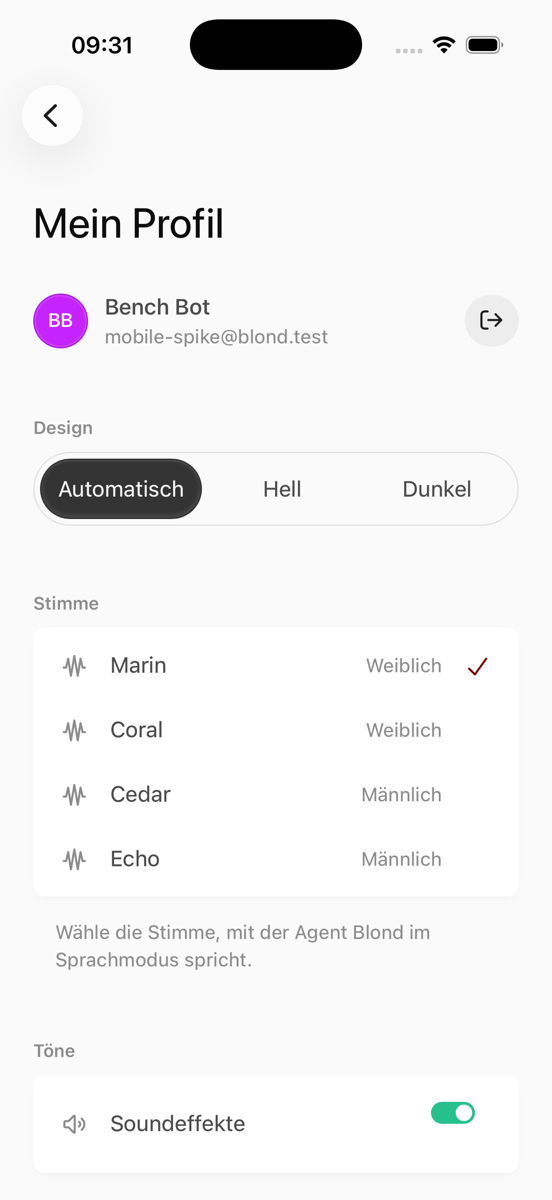 Mein Profil mit Design-Wahl, Stimme, Soundeffekten und dem Abmelden-Knopf