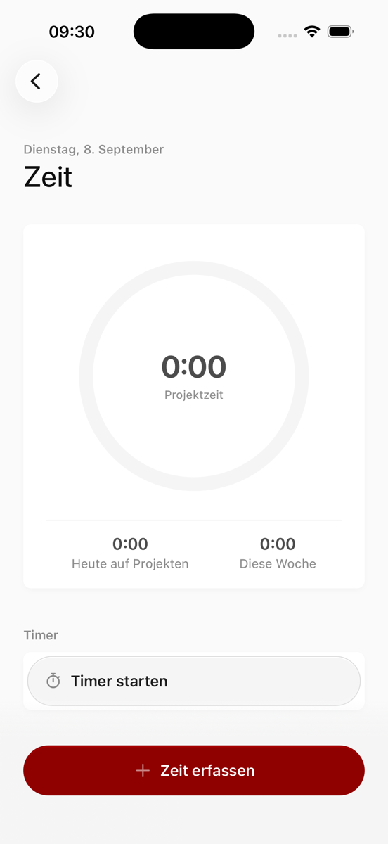 Der Bildschirm Zeit mit dem Ring für die Projektzeit, den Tagessummen, dem Knopf Timer starten und dem Knopf Zeit erfassen