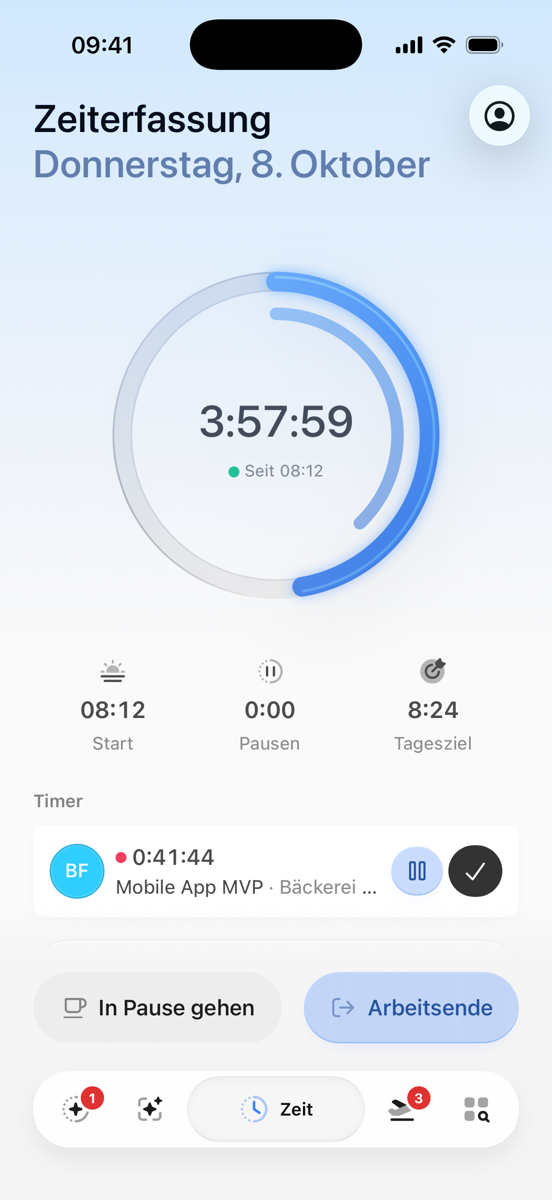 L'onglet Temps avec l'anneau du temps de travail du jour, un minuteur de projet en cours et les boutons pause et fin de journée