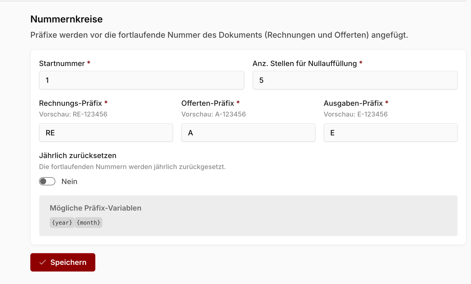 Einstellungsseite Nummernkreise mit Startnummer, Nullauffüllung und Präfixen
