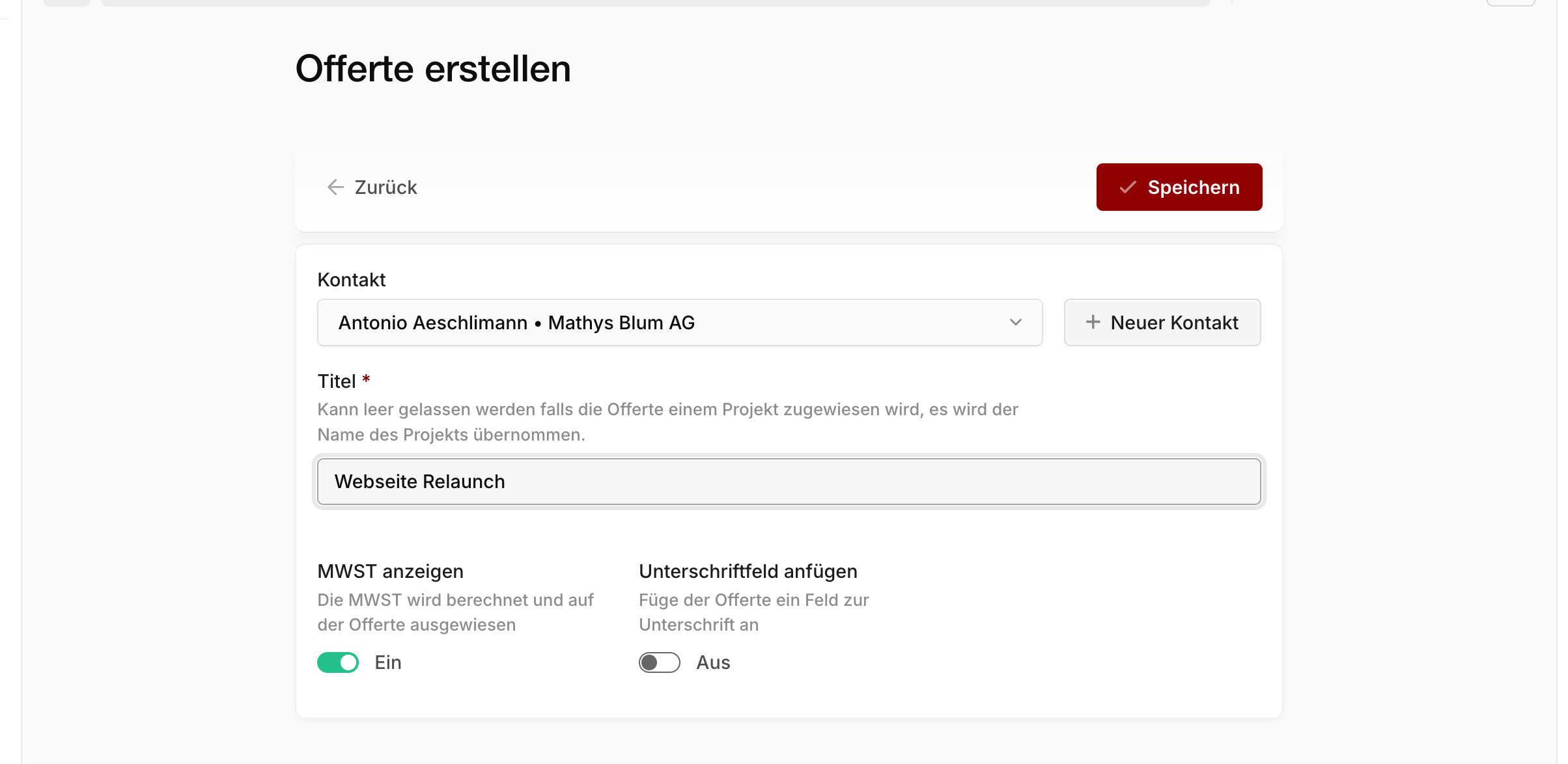 Formular "Offerte erstellen" mit ausgewähltem Kunden und gefüllten Basisdaten