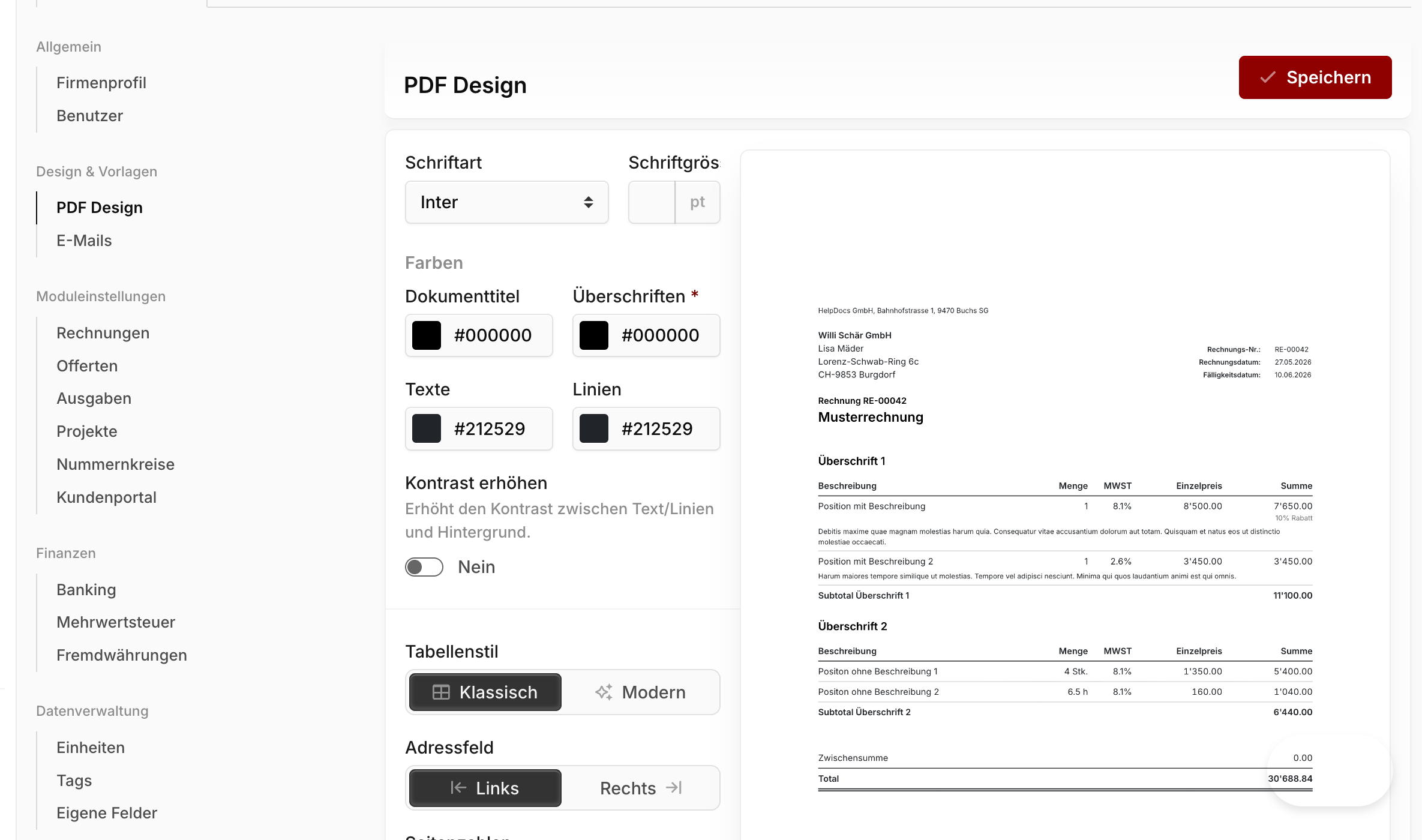 PDF Design-Seite mit Einstellungen links und Live-Vorschau eines Rechnungs-PDFs rechts