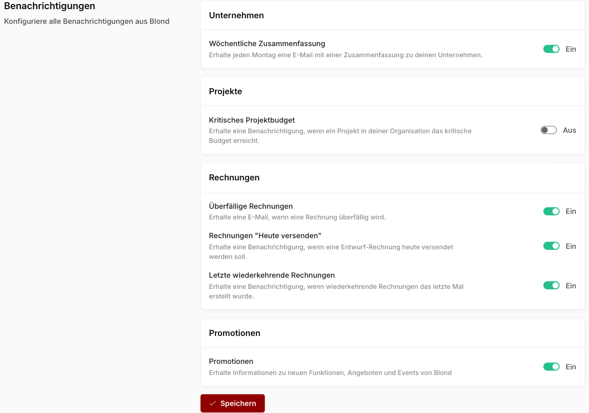 Bereich "Benachrichtigungen" mit den vier Gruppen Unternehmen, Projekte, Rechnungen und Promotionen sowie dem Button "Speichern"