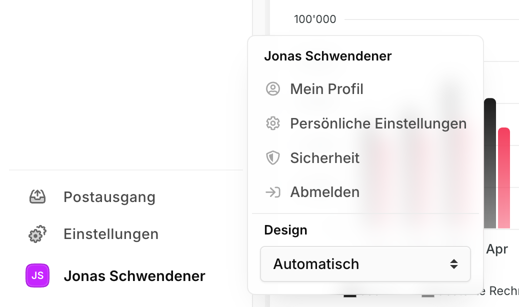 Geöffnetes Benutzer-Menü in der Seitenleiste mit dem Eintrag "Mein Profil"
