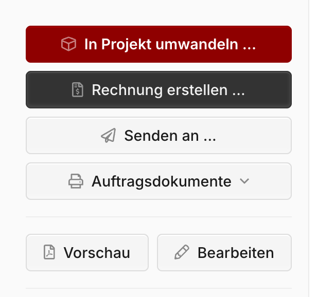 Aktionsspalte einer freigegebenen Offerte mit dem Knopf "In Projekt umwandeln"