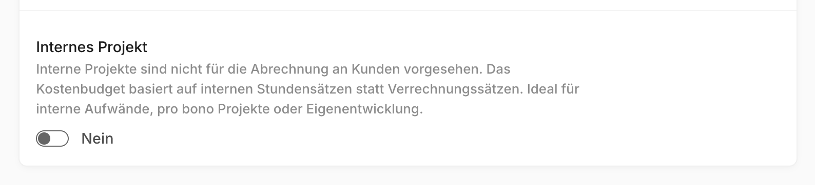 Schalter "Internes Projekt" mit Erklärungstext