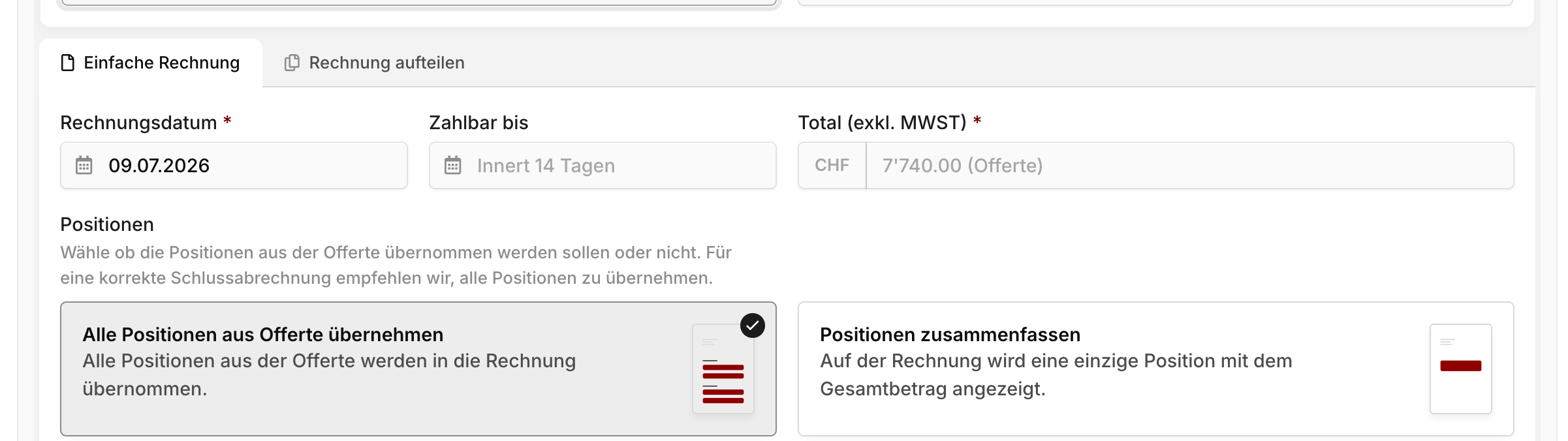 Abrechnung einer Offerte mit den Tabs "Einfache Rechnung" und "Rechnung aufteilen"