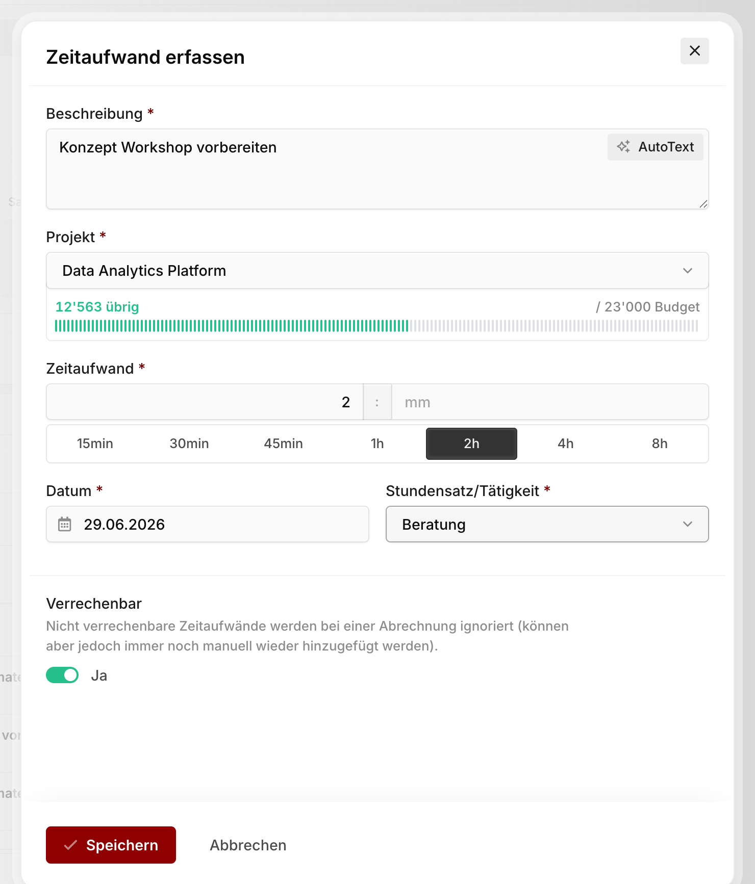 Formular "Zeitaufwand erfassen" mit Beschreibung, Projekt, Zeitaufwand, Datum, Stundensatz/Tätigkeit und dem Schalter Verrechenbar