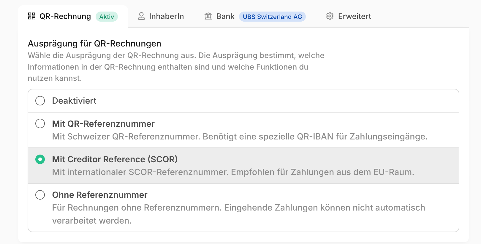 Reiter "QR-Rechnung" in den Bankkonto-Einstellungen mit der Auswahl der Ausprägung