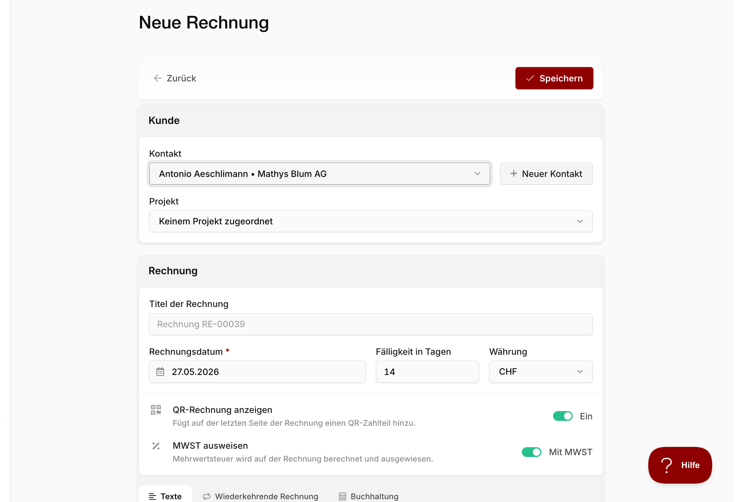 Formular "Neue Rechnung" mit ausgewähltem Kunden und gefüllten Basisdaten