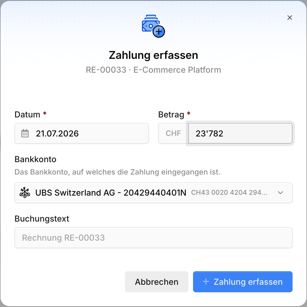 Dialog "Zahlung erfassen" mit Datum, Betrag, Bankkonto und bisherigen Zahlungen