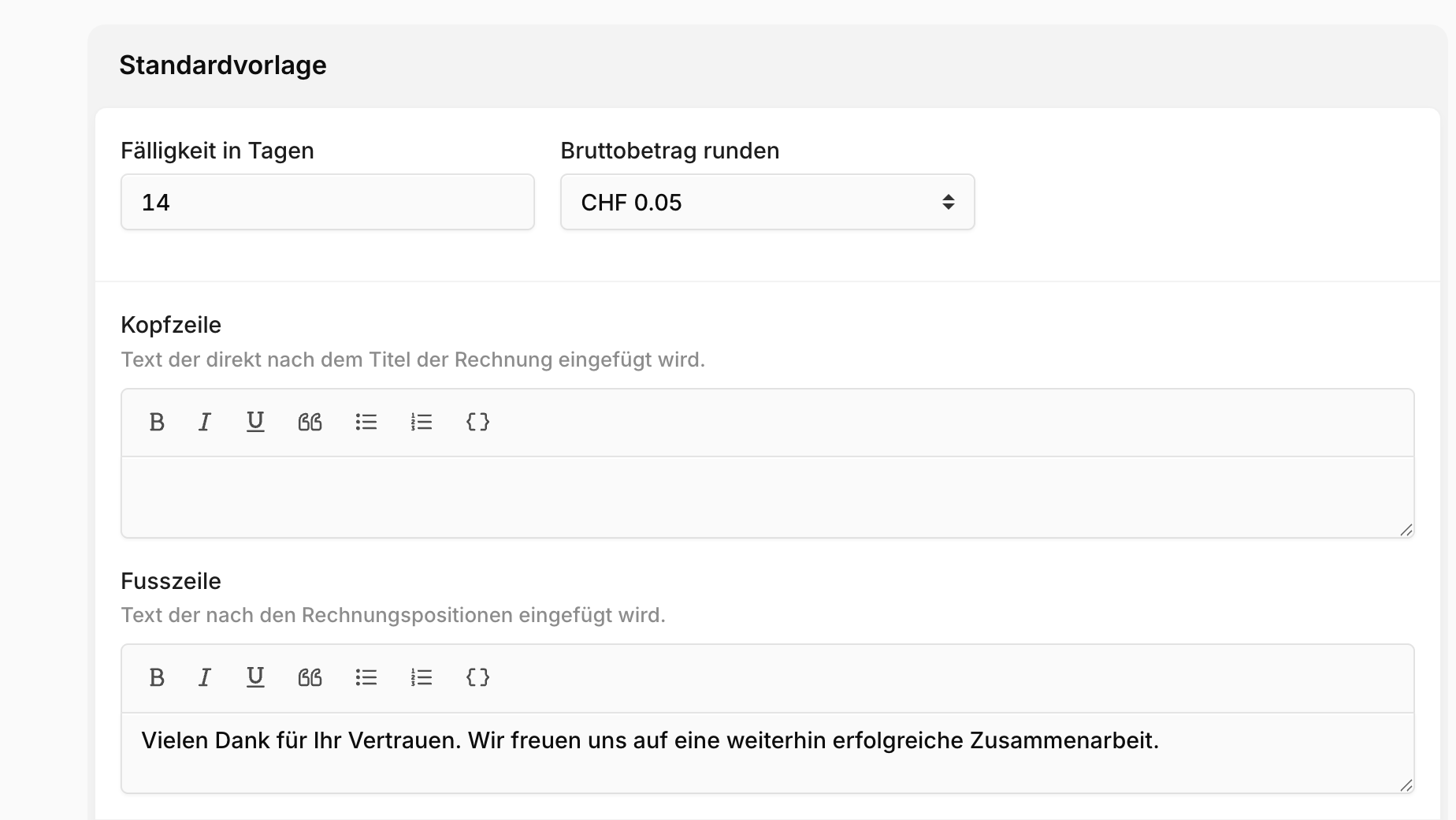 Standardvorlage für Rechnungen mit Kopfzeile, Fusszeile und E-Mail-Nachricht