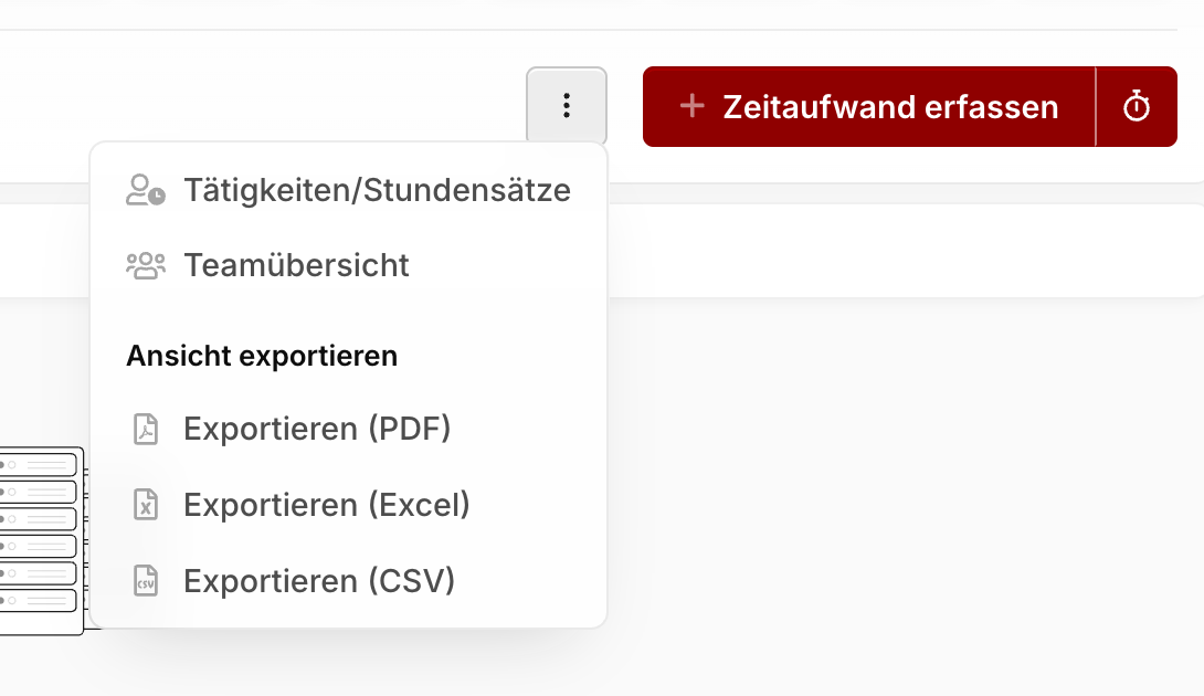 Geöffnetes Menü mit dem Abschnitt "Ansicht exportieren" und den Einträgen Exportieren (PDF), (Excel) und (CSV)