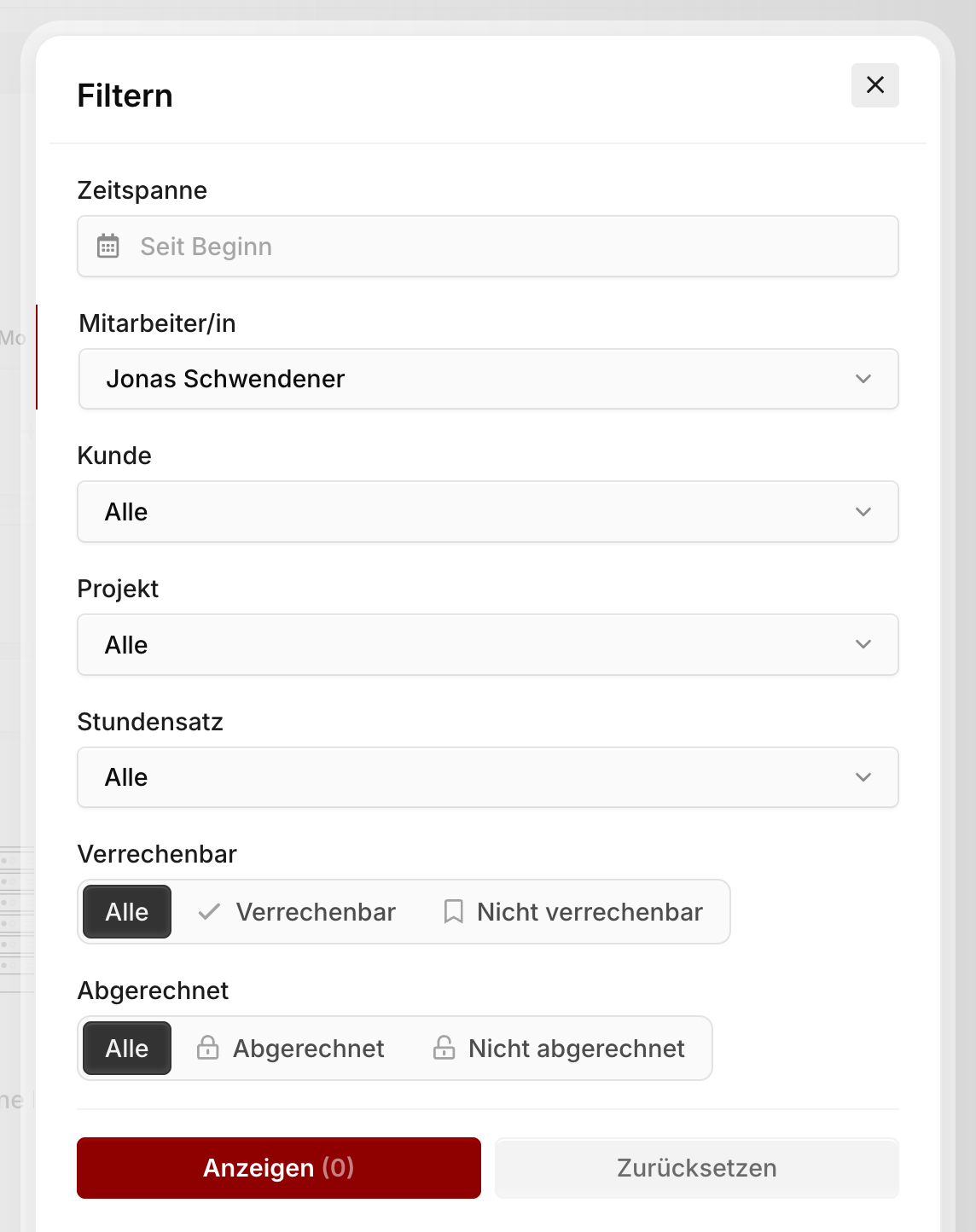 Dialog "Filtern" mit den Filtern Zeitspanne, Mitarbeiter/in, Kunde, Projekt, Stundensatz, Verrechenbar und Abgerechnet