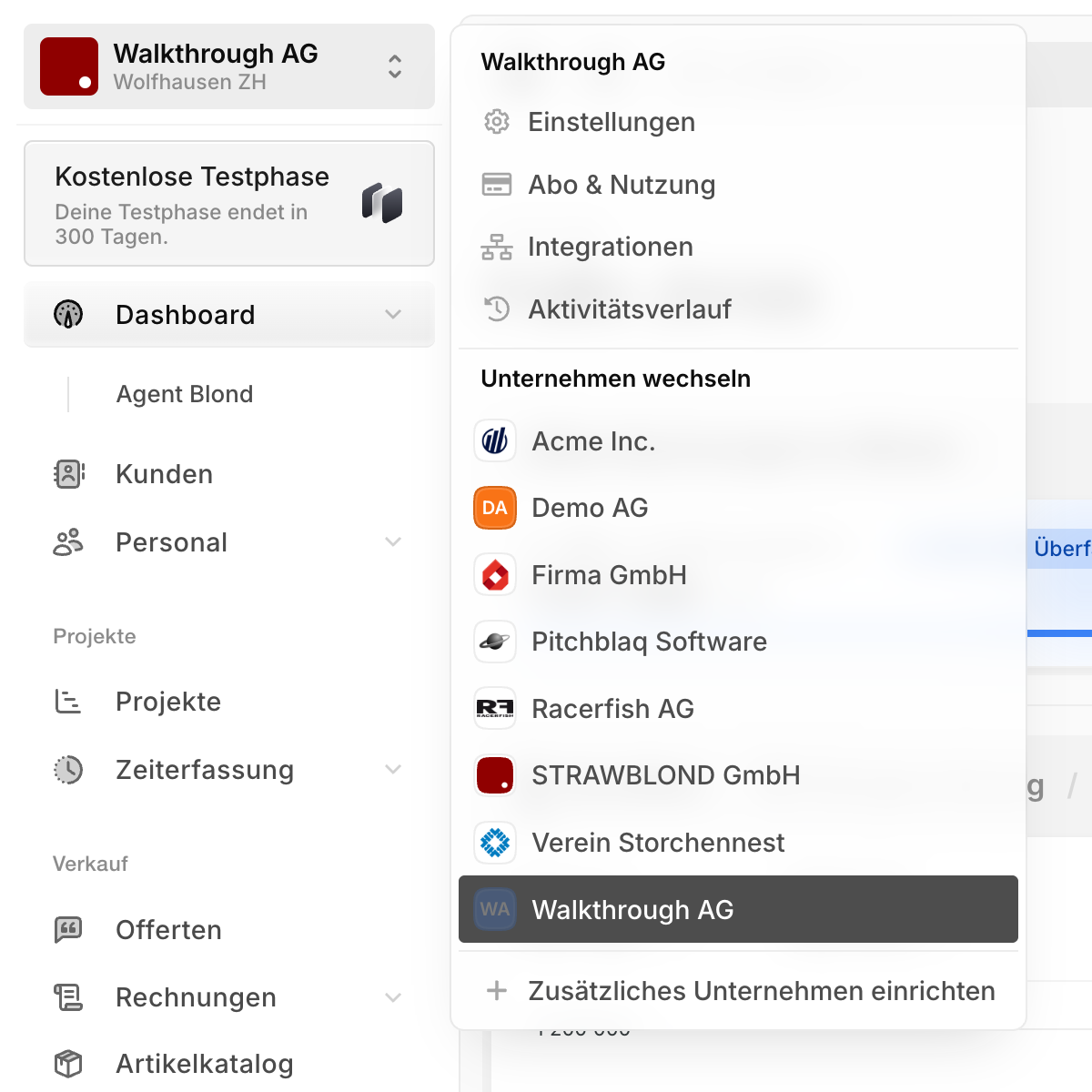 Dropdown-Menü des Unternehmens mit dem Eintrag "Zusätzliches Unternehmen einrichten"